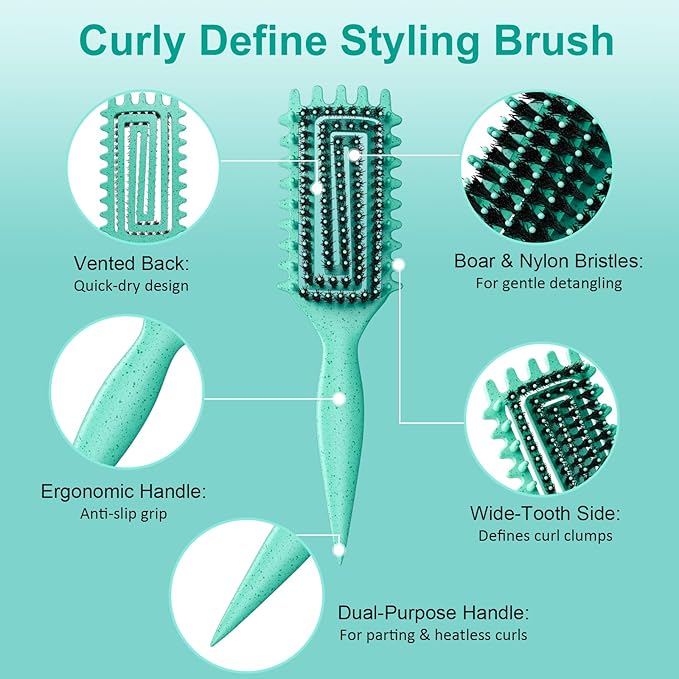 2-Pack Curly Hair Brush, Curl Defining Brush with Soft Boar Bristles Detangling Tangled Glides,Wide-Teeth Design Effortlessly Shaping & Defining Curls,Curling Definer for Wet & Dry Hair (Green Purple)