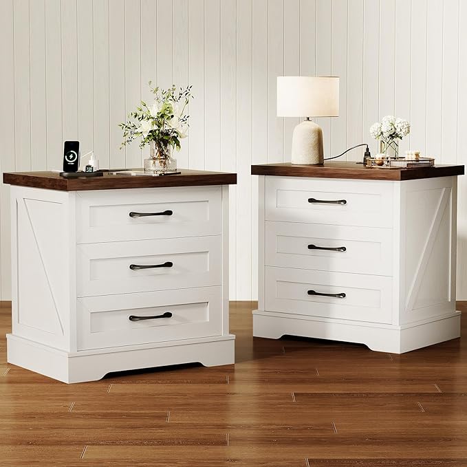 AODK Farmhouse Nightstands Set of 2, 24 Inch Bedside Tables with Charging Station, End Tables with Three Drawers, Bed Side Tables with Outlet and USB for Bedroom & Living Room, White & Walnut