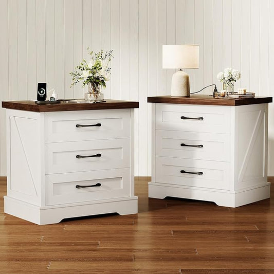 AODK Farmhouse Nightstands Set of 2, 24 Inch Bedside Tables with Charging Station, End Tables with Three Drawers, Bed Side Tables with Outlet and USB for Bedroom & Living Room, White & Walnut