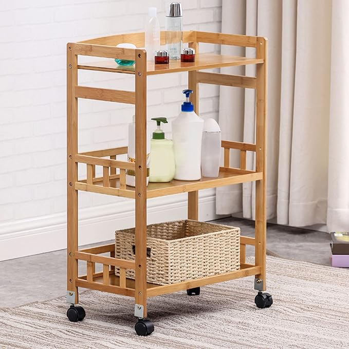 3-Tier Rolling Home Bar Serving Cart Mobile Kitchen Serving Trolley Cart with Removable Trays Bamboo Wine Rack with Wheels Bar Dining Room Tea Wine Holder Serving Cart Furniture
