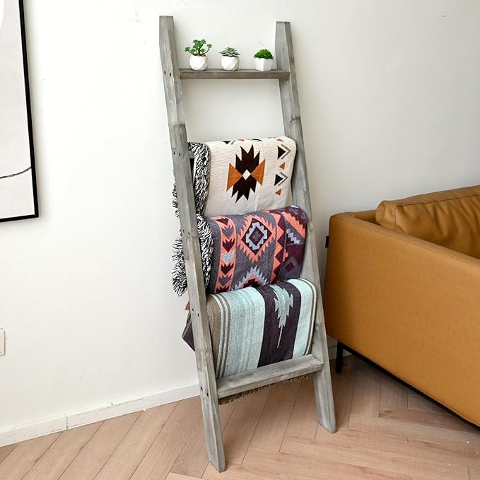 FUIN 5ft (58") Wood Blanket Ladder Living Room Decorative Wall Leaning Farmhouse Quilt Display Holder Shelf Rustic Wooden Towel Rack for Bathroom, Grey