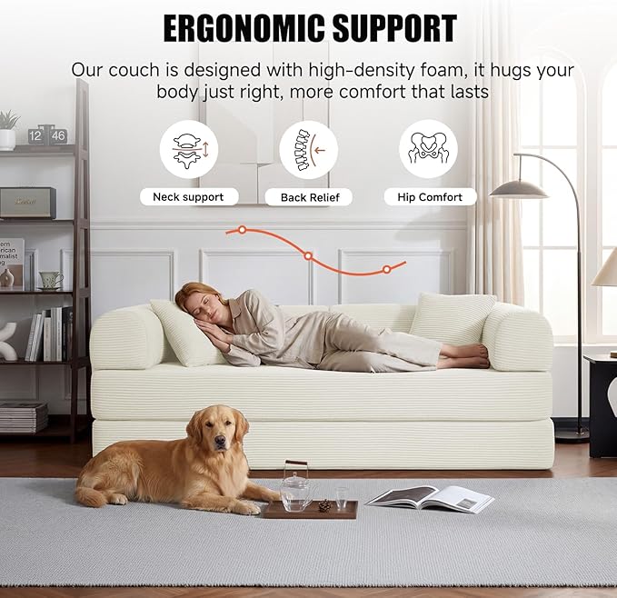 79" Compressed Sofa, Convertible Sofa Bed, Corduroy Compression Boneless Couch with Pillow, Comfy Modular Foldable Floor Sleeper Sofa for Bedroom, Living Room, Lounge, Studio (White)