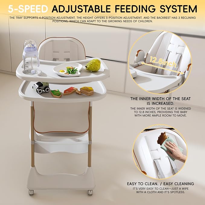 Foldable Baby High Chair with 150° Swing & Recline,Convertible High Chairs for Babies and Toddlers,5 Height Levels,3 Backrest & Footrest Positions,Removable Double Tray,Lockable Wheels (White 1)
