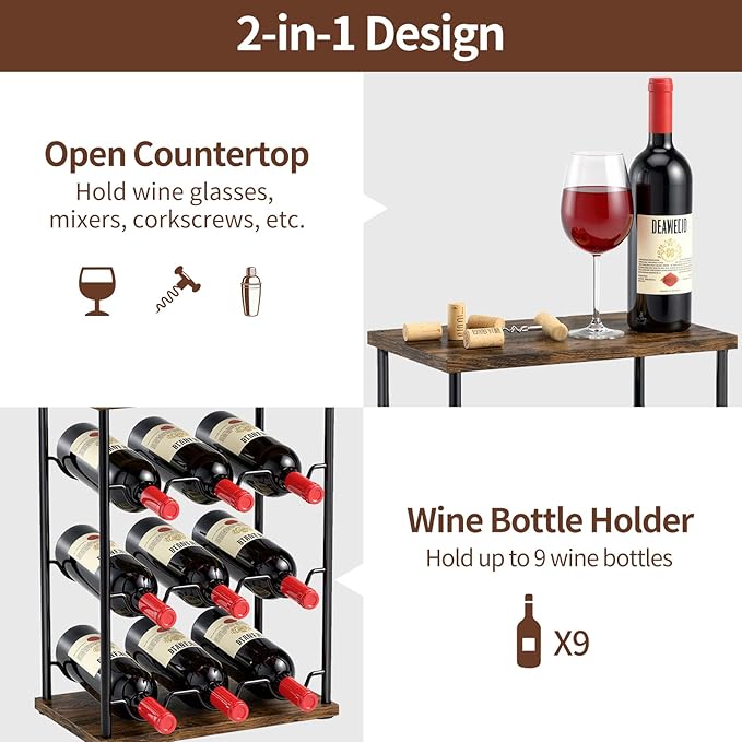Nuovoware Wine Racks Countertop, Wine 9 Bottles Holder, Metal Wine Storage Organizer for Kitchen, Bar, Table, Cabinet, Wine Cellar, Vintage Brown