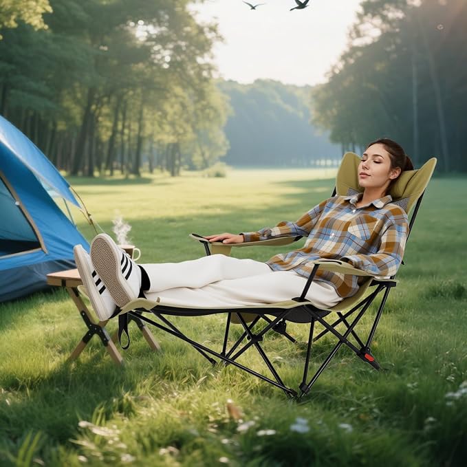Tangkula Reclining Camping Chair, 2 in 1 Porable Folding Lawn Chair with Removable Footrest, 4-Position Adjustable Backrest, Cup Holder & Side Pocket, Carry Bag (2, Green)