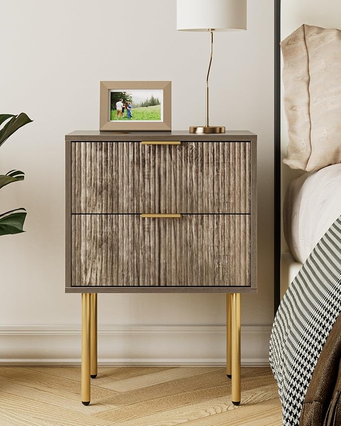 Aienvey Night Stand, Modern Nightstand with Drawers, Bedside Table, Gold Small Side Table for Bedroom, Living Room End Table (Grey Stripe, 2 Drawers)