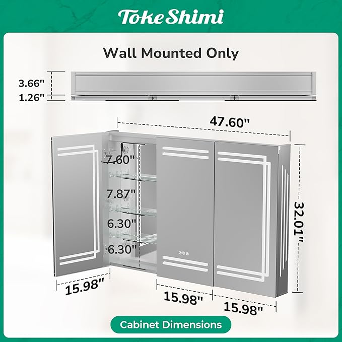 TokeShimi 48x32 Inch Lighted Medicine Cabinet, LED Medicine Cabinet with Lights, Wall-Mounted Bathroom Cabinet Mirror with 3 Color Temperature, Anti-Fog, CRI 80+, Memory Function, Tempered Glass