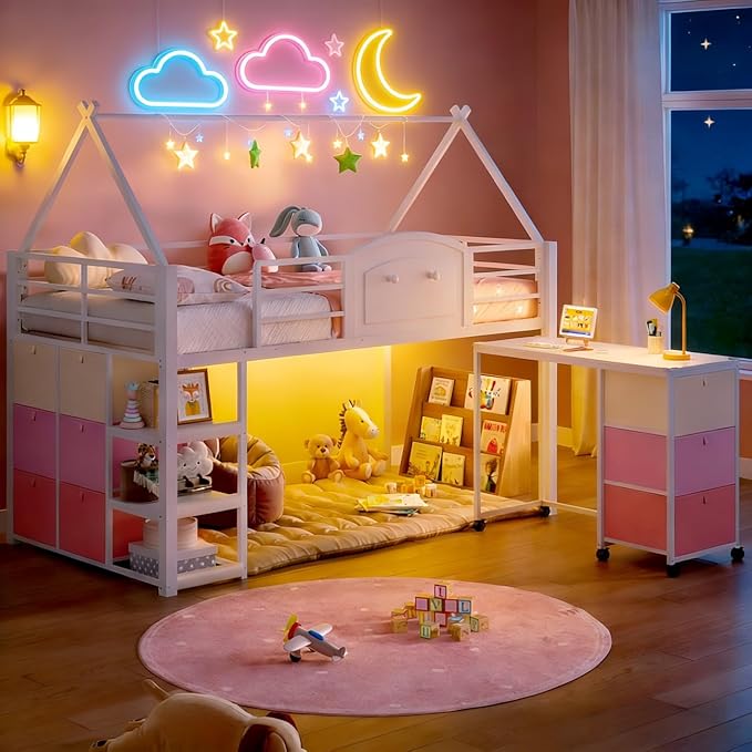 VIAGDO Twin Loft Bed with Desk and Storage for Kids, Metal Low Loft Bed Twin with 9 Drawers, 3-Tier Shelves, Led Lights, Safety Guardrail, No Box Spring Needed,White | 9 Storage Drawers