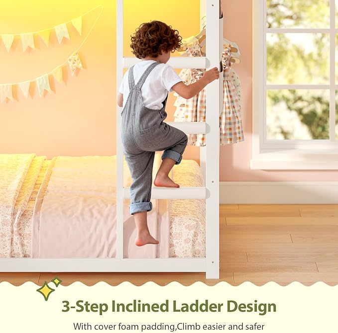 UPOSOJA Bunk Bed Twin Over Twin Bed Frame with LED Lights, Metal Bunk Bed with 13" Guardrail & 3-Step Ladder, Space Saving for Kids and Teen, White