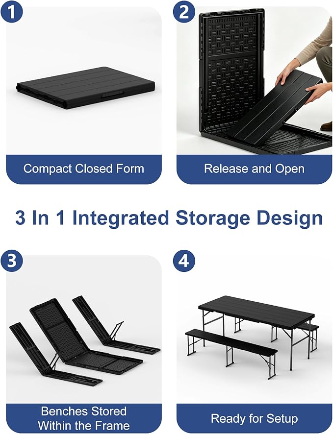 Folding Table with 2 Benches Set, 6FT Picnic Table with 2 Chairs, 3pcs Plastic Camping Tables and Foldable Bench Sets Indoor & Outdoor for Party, Camping, Picnic, Wedding, BBQ, Black