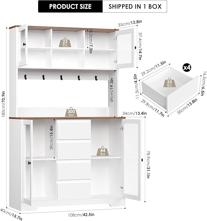 HIFIT 71" Tall Coffee Bar Cabinet with Storage and Large Countertop, Kitchen Hutch with 4 Drawers & 5 Metal Hooks & 4 Doors & Microwave Stand, White Kitchen Pantry Cabinet for Dining Room