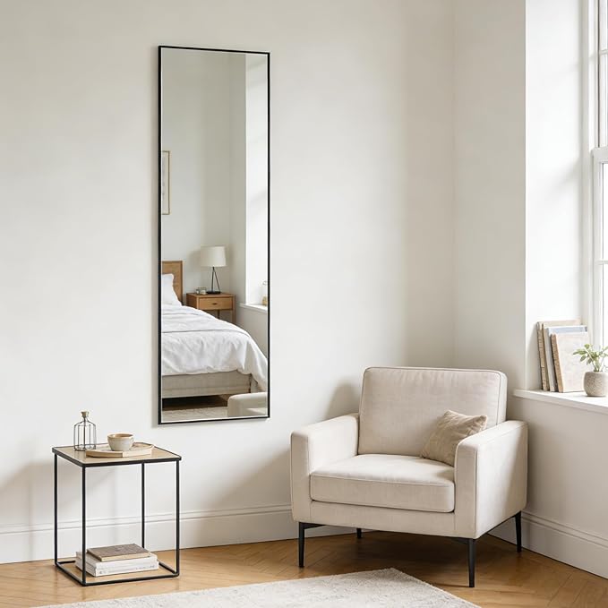 Ruomeng 48x14 Inch Full Length Door Hanging Mirror, Rectangle Full Body Mirror Over The Door, Wall Mounted Metal Aluminum Framed, Tempered Glass Mirror for Bathroom Entryway Bedroom Living Room