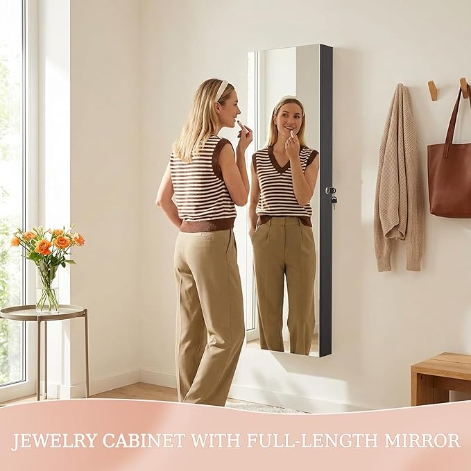 Unisakey Mirror Jewelry Cabinet,Lockable Wall or Door Mounted Jewelry Armoire Organizer With Built-up Mirror,LED Lights, Drawers,Cosmetic Trays,Shelves, 14.4"x3.15"x 43.1"（Black）