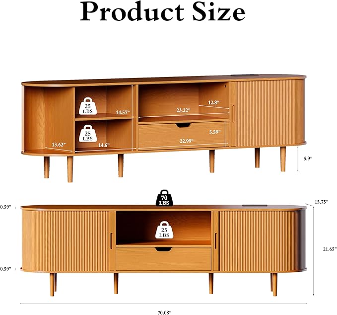 DHH 71" Fluted TV Stand with Power Outlet for TVs up to 80",TV Console with Adjustable Shelves and Sliding Door,Mid Century Modern Entertainment Center for Living Room,Bedroom (Yellow Walnut, 71Inch)