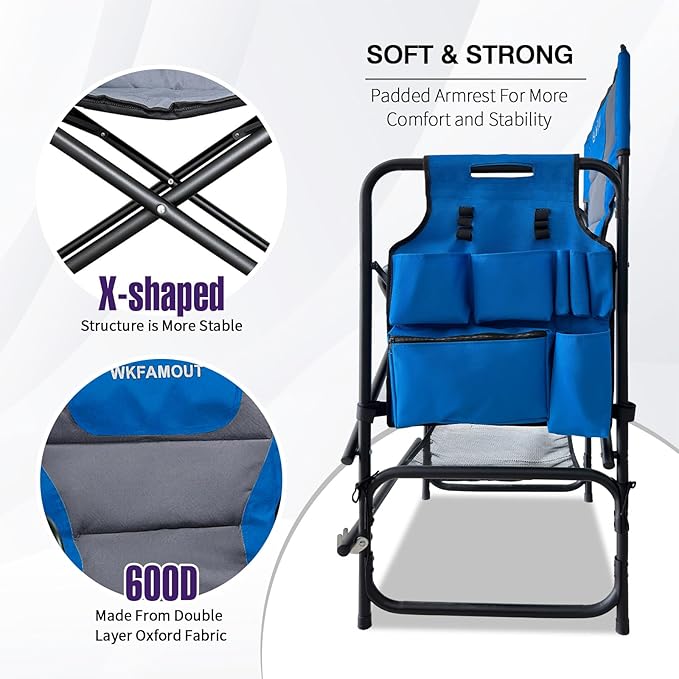 Tall Folding Directors Chair with Side Table 30.71" Seat Height Foldable Camping Chair Bar Stool for Makeup Artist Face Painting with Footrest and Storage Pocket Supports 350LBS
