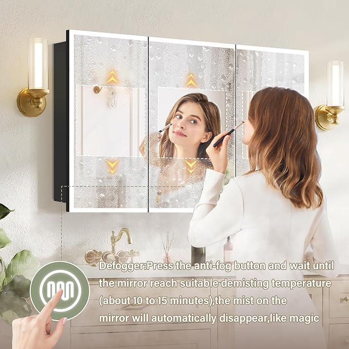 48×32inch Medicine Cabinet with Light,Recess Medicine Cabinet for Bathroom,3 Color,Dimmable,Demister,Detachable Side Plate for Recess Mount or Surface Mount