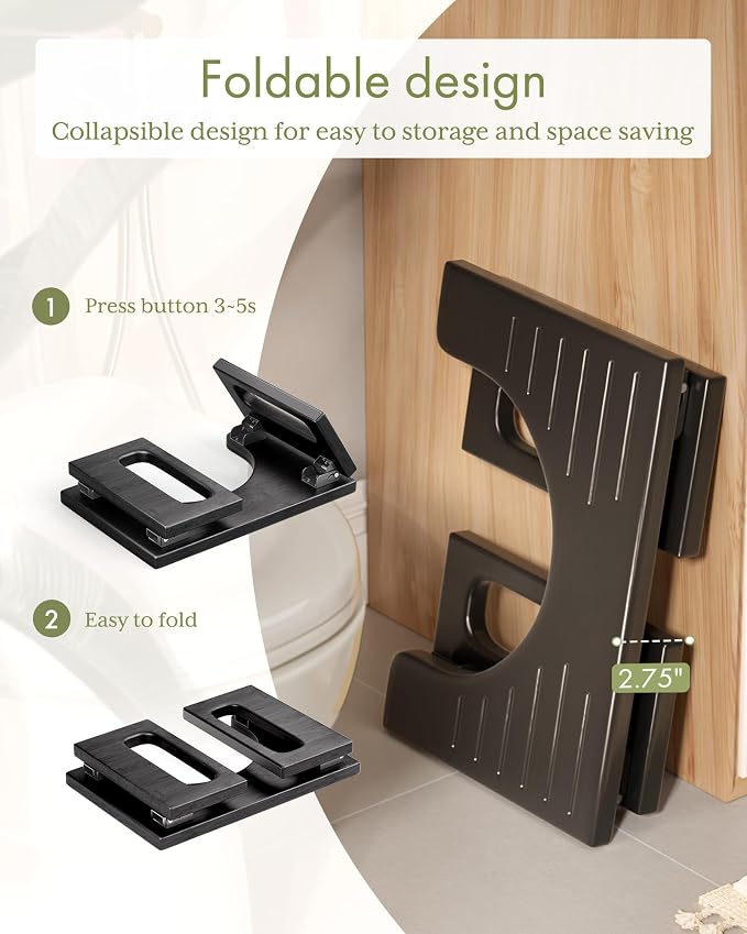 AmazerBath 7 Inches Bamboo Toilet Stool Squat for Adult, Foldable Squatting Potty Stool for Bathroom, 0.79" Thickness Poop Stools with Non-Slip Strip, Space-Saving, No Assembly Required, Black
