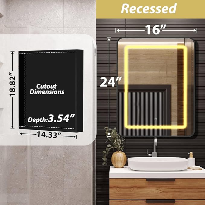 APRILSOUL 16x24 Inch Lighted Bathroom Medicine Cabinet with Mirror, Black Recessed or Surface Mount Medicine Cabinet Mirror with Storage and LED Lights, 3 Colors Temperature, Dimmable Light