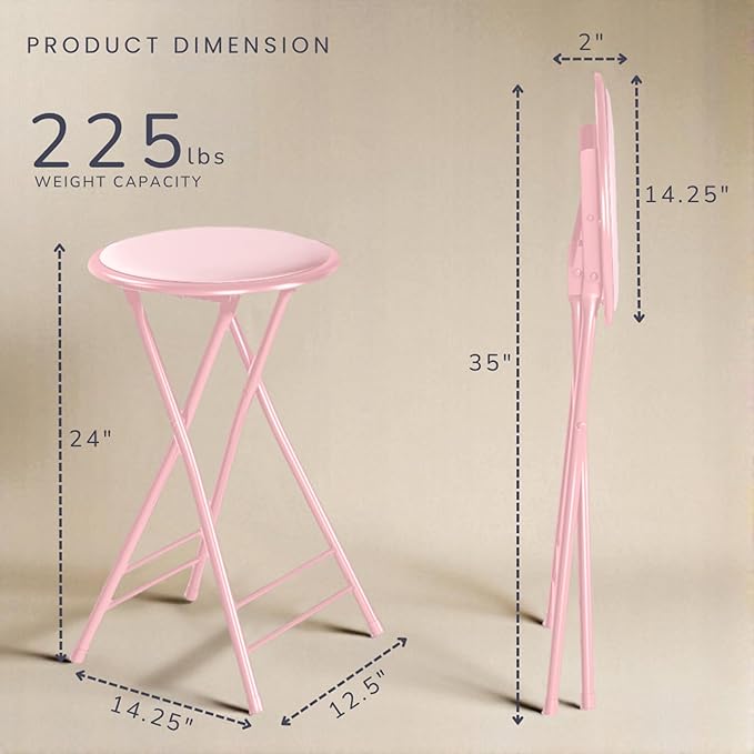 Lavish Home Folding Stool - Set of 2 Counter Height Bar Stools – 24-Inch Backless Folding Chairs with 225lb Capacity for Kitchen, Rec Room, or Game Room (Pink)