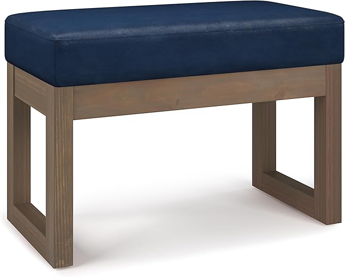 SIMPLIHOME Milltown Small Ottoman Bench - 27" Wide x 18" High Upholstered Vegan Leather Rectangle Footstool Ottoman in Distressed Dark Blue, Contemporary Bench with Cushioned Seat, Assembled