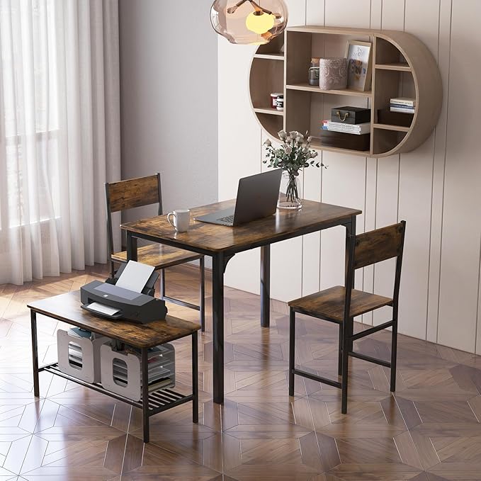 Giantex Dining Table Set for 4, Kitchen Table with Bench and Chairs, Industrial Gathering Bench Dining Set W/Metal Frame & Storage Rack, Dinette Set, Modern Functional Desk Set (Rustic Brown)