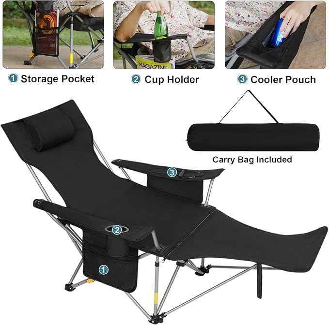 Romswi 2Pack 4-Position Reclining Camping Chair with Removable Footrest, 2-in-1 Adjustable Portable Lounge Chair with Cooler Bag, Cup Holder, Side Pockets & Carry Bag for Outdoor, Black