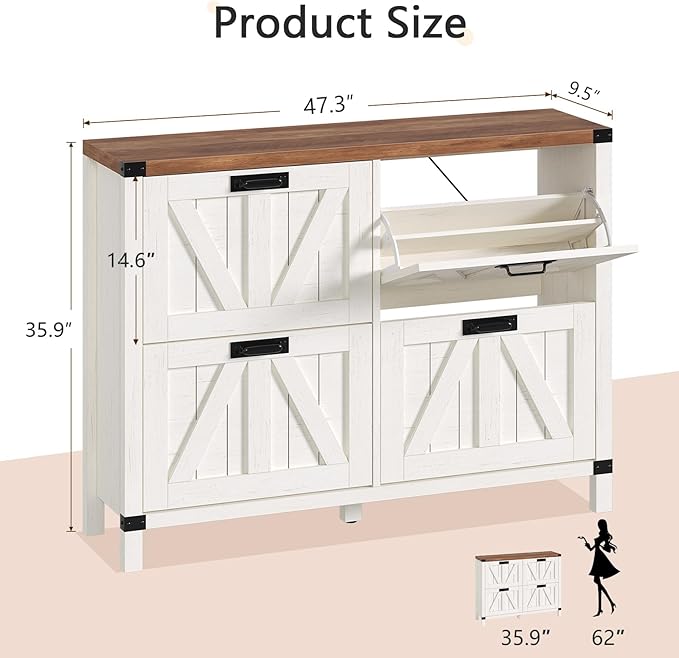 YOMILUVE Shoe Storage Cabinet with 4 Flip Drawers, Farmhouse Shoe Cabinet for Entryway, Slim Shoe Rack Freestanding Shoe Organizer with Barn Door, Brown and White