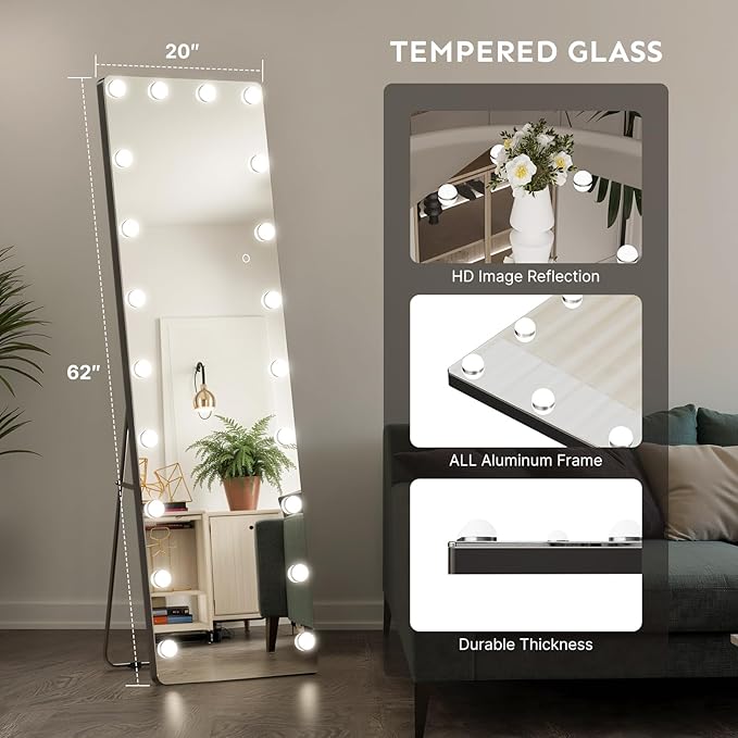 Kosmonia 62x20 Hollywood Full Length Mirror with Light, 20 Dimmable Bulbs & 3 Color Smart Touch Control, Distortion Free, Tempered Glass, Safe Full Body Mirrors with Stand