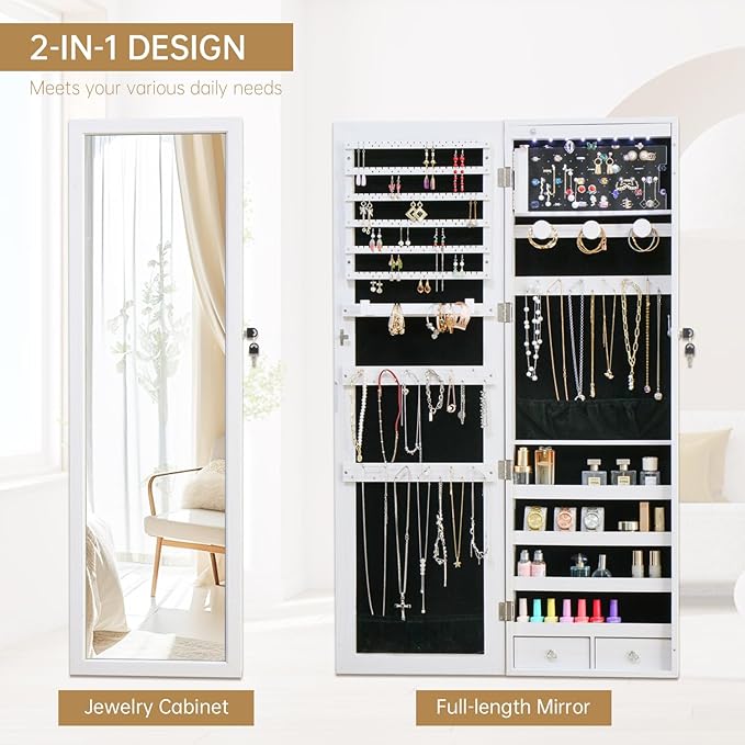 LED Jewelry Cabinet with Mirror - 47.3" Mirror Jewelry Armoire Door Hanging/Wall Mounted Mirror with Storage And Drawers White