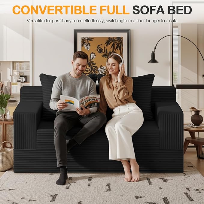 Erament Loveseat Boneless Convertible Sofa Bed, Folding Floor Futon Sleeper Sofa Couch Bed- Boneless Foldable Couch, Corduroy Pull Out Sofa Bed with 2 Pillows for Living Room & Bedroom