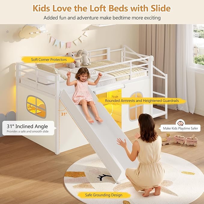 DICTAC Low Loft Bed with Slide,Storage Stairway and Led Lights Metal Twin Size Loft Bed with Under-Bed Play Space,Art Table & Play Curtain Twin Beds with 2 Drawers and 13.8''H Safety Guardrail,White