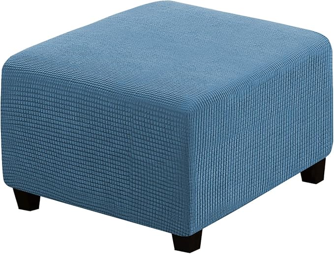 H.VERSAILTEX Square Ottoman Covers Ottoman Slipcovers Folding Storage Stool Furniture Protector Form Fit with Elastic Bottom, Stretch High Spandex Small Checks Jacquard Fabric(Large,Dusty Blue)