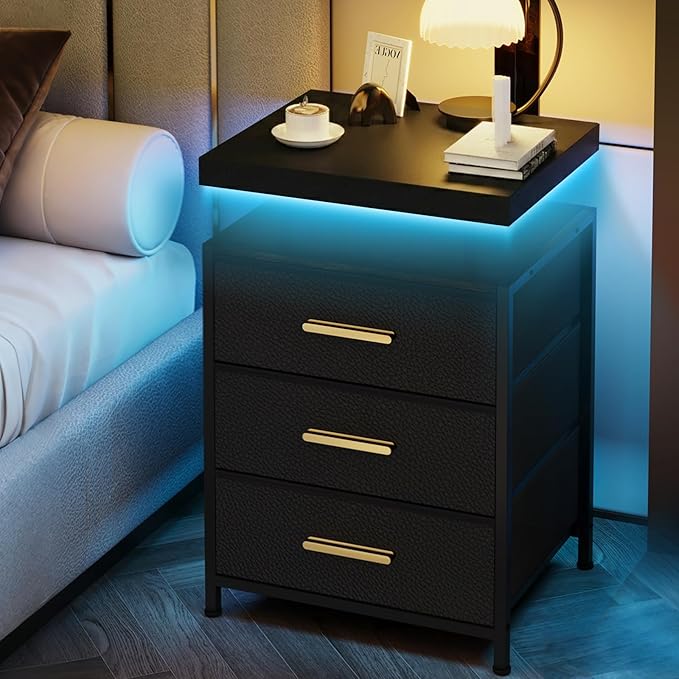 DreamDashio Night Stand with APP Control LED Lights, 3 Fabric Storage Drawers with PU Finish, Floating Top Design, Bedside Table with Open Shelf, End Table for Bedroom, Living Room, Office (Black)