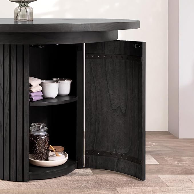 Transformer Table - Solid Wood Extendable Round Dining Table Set with Sideboard Panel Storage Cabinet, Expandable Round Dining Set, Elegant and Functional Design, Black (Table + Storage)