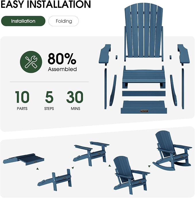 Adjustable Adirondack Rocking Chair Set of 4 with Retractable Ottoman Footrest, 4-in-1 Foldable HDPE Outdoor Rocker, Weather Resistant Adirondack Chair for Porch, Garden & Poolside, Navy Blue