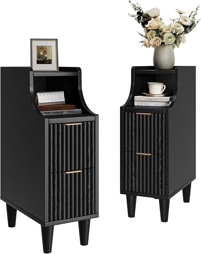 Fluted Nightstands Set of 2,Narrow Bedside Table with 2 Drawers & Storage, Farmhouse Walnut End Table Modern Side Table for Bedroom Livingroom Sofa Office, Small Space