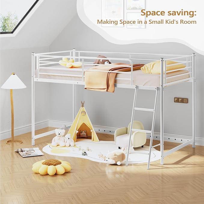 JOYMOR Low Loft Bed with Inclined Ladder, Metal Twin Size Bed Frame with 15” High Guardrail for Boys Girls, Junior, Space Saving, Mattress Not Included (White)