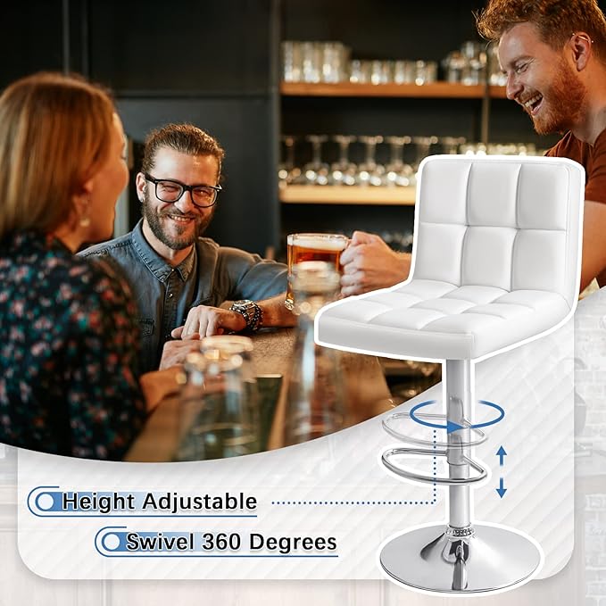 Homall Bar Stools Modern PU Leather Adjustable Swivel Barstools, Armless Hydraulic Kitchen Counter Bar Stool Extra Height Square Island Barstool with Back Set of 2 (Leather, White)