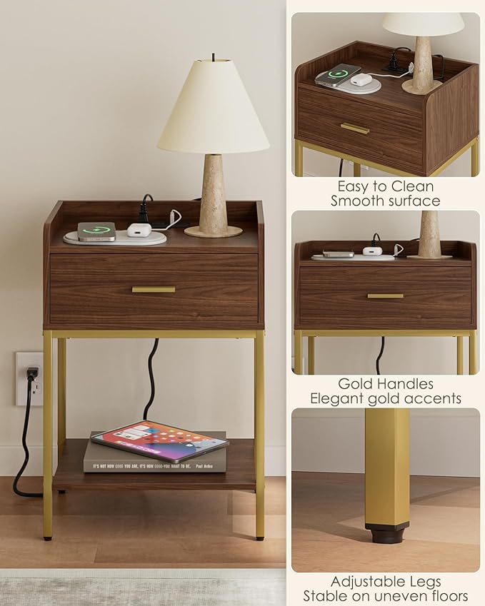 Masupu Nightstand with Charging Station, 3-Tier Modern Bedside Night Stand with Storage Drawer and Shelf, Small End Side Table for Bedroom, Living Room, Walnut