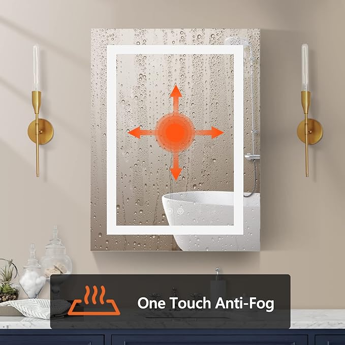 Lighted Medicine Cabinet for Bathroom with Mirror, 20" x 28" LED Medicine Cabinet with Lights, Wall Mounted with Storage Shelves, Dimmable Light, Anti-Fog