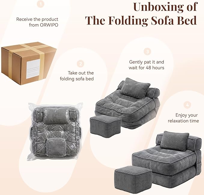 Folding Sofa Bed, Convertible Sleeper Chair with Pillow Foldable Mattress with Back Support, Portable Fold Out Chair Bed Comfy Floor Couch Lounge for Living Room Bedroom Apartment Single