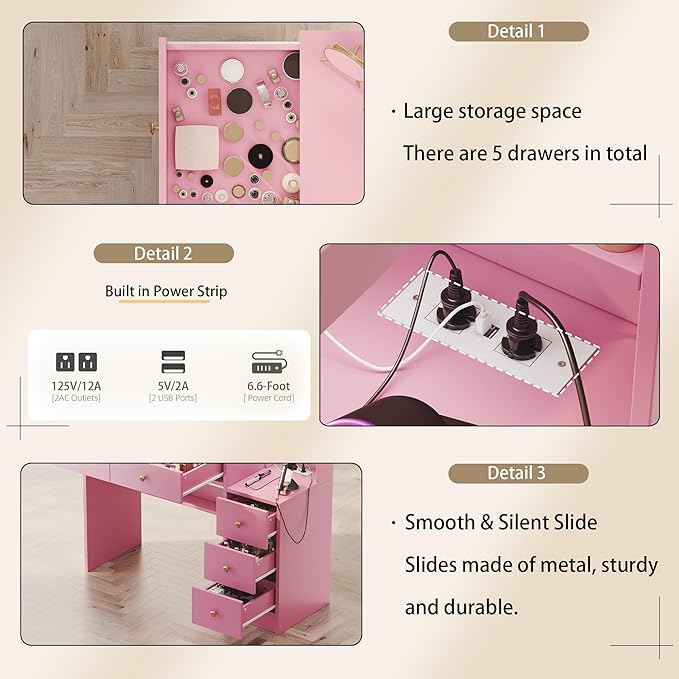 TOKSOM Makeup Vanity with Lights & Charging Station, Pink Vanity Table with 5 Drawers & Open Storage Shelves, Bedroom Makeup Dressing Table Set for Women Girls Round Handles