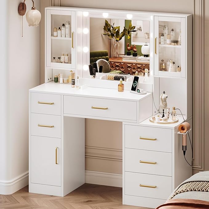 TOKSOM 51" Vanity Desk with Mirror and Lights & Charging Station, Bedroom Dressing Table, Large Vanity Set, 6 Drawers and 2 Cabinets, Makeup Vanity Table with Charging Station, Without Stool