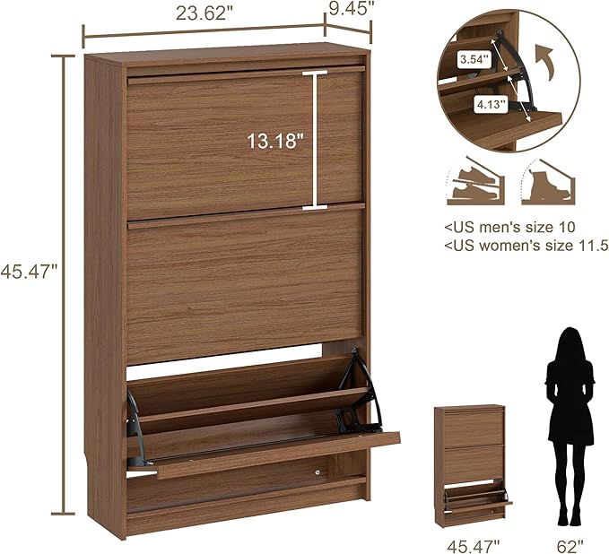 Shoe Cabinet with 3 Flip Drawers, 23.62" W Narrow Shoe Storage Cabinet for Entryway, Slim Shoe Organizer with Adjustable Shelves, Freestanding Shoe Rack for Hallway, Living Room, Walnut
