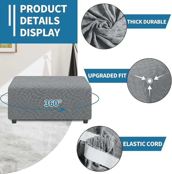ZNSAYOTX 2026 Rectangle Ottoman Cover (L:35"-45") Super Stretch Soft Footrest Slipcover Form Fit, Universal Folding Foot Stool Covers with Non-Slip Elastic Band, Fashion Jacquard Texture, Light Grey
