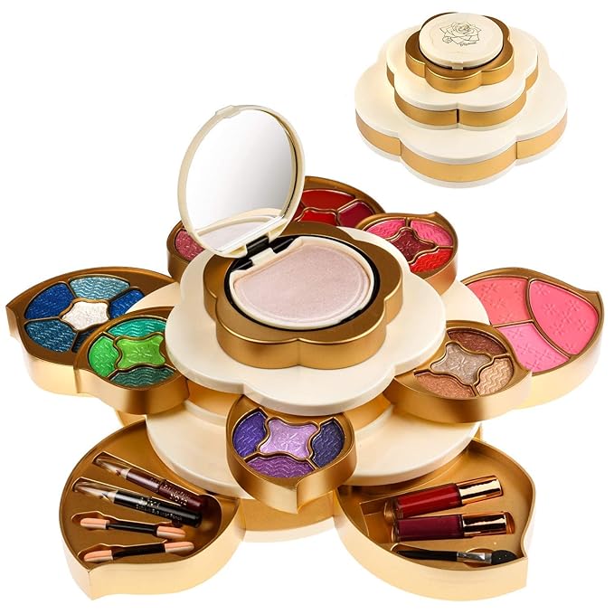 All In One Makeup Kit for Teens and Women - Flower Makeup Set for Girls 10-12 - Pigmented Eyeshadows, Lip Creams, Blushes, Concealer and Mirror - Full Starter Makeup Gift Set for Beginners