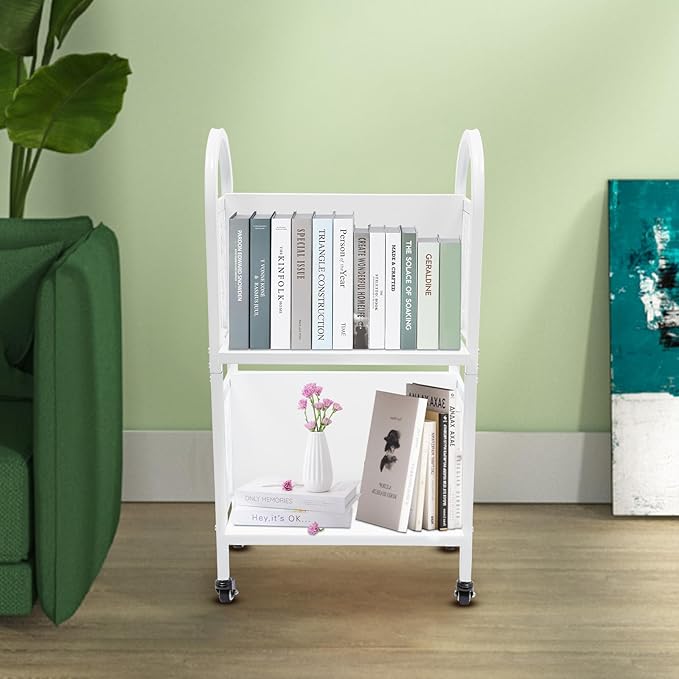 2-Tier Book Cart Rolling Office Floor Standing Book Storage Rack with Wheels Bookshelf Organizer Open Shelf Assistant Organizing Transporting Displaying Libraries Classrooms Homes Office School