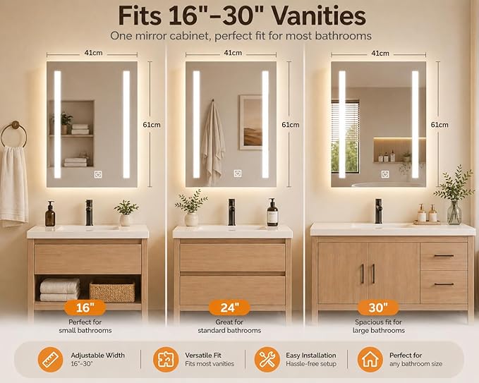 VINGLI 16Inch Medicine Cabinet with Lights, Lighted Medicine Cabinet with Mirror, Led Wall Mirror with Storage for Bathroom,Wall Mounted,3-Color Memory Mode Light，White,5.9" D x 15.75" W x 23.6" H