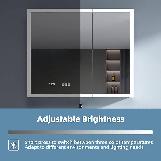 LED Medicine Cabinet Mirror, 36 x 30 Inch Inch Bathroom Storage, Recessed/Wall Mount, Plug-in/Hardwired, 3 Color Dimmable Light, Anti-Fog, Time Temp Display