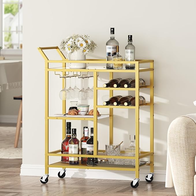 MAHANCRIS Bar Cart for Home, 3-Tier Serving Cart with Mirrored Top, Beverage Cart with Wine Rack and Glass Holder, Drink Cart with Wheels, for Dining Room, Living Room, Gold and White RCJM7101
